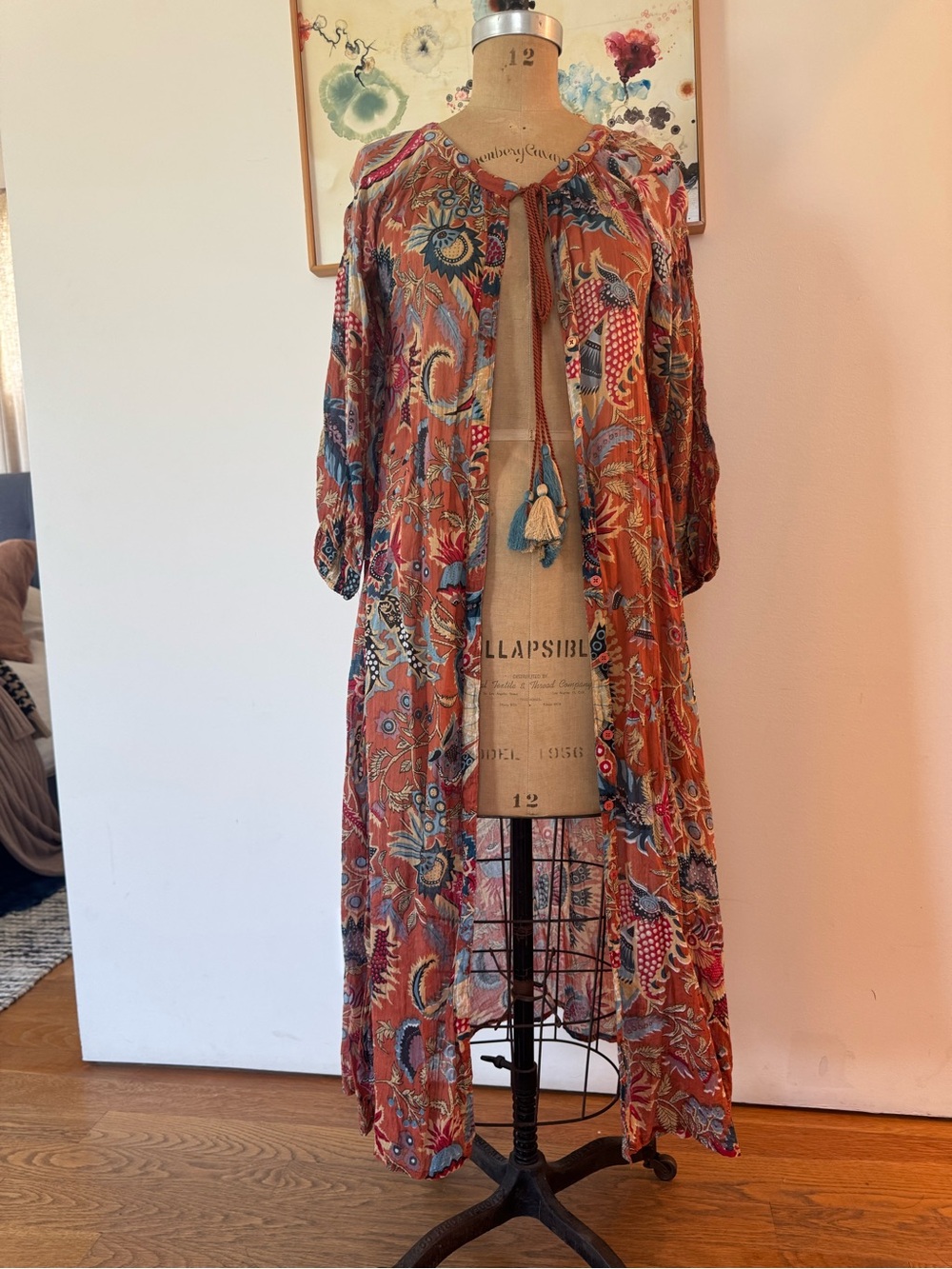 Gypsy05 Boho Tassel Tie Rust Floral Kimono Duster or Dress